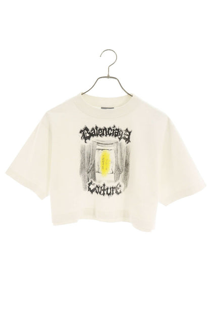 BALENCIAGA Distressed Logo Cropped T-Shirt White Size XS