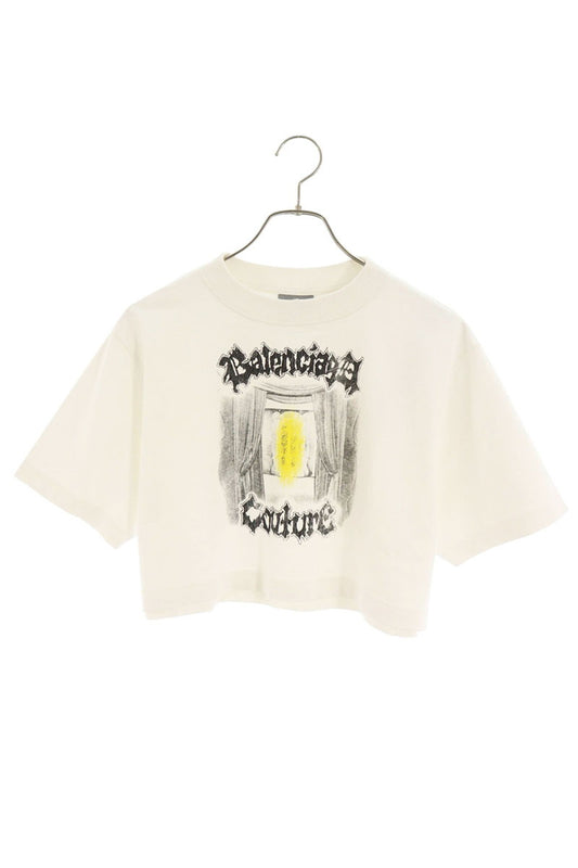 BALENCIAGA Distressed Logo Cropped T-Shirt White Size XS