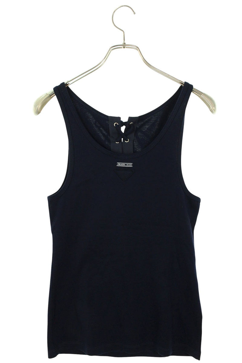 Prada Triangle Logo Lace Cotton Tank Top Navy Size 40