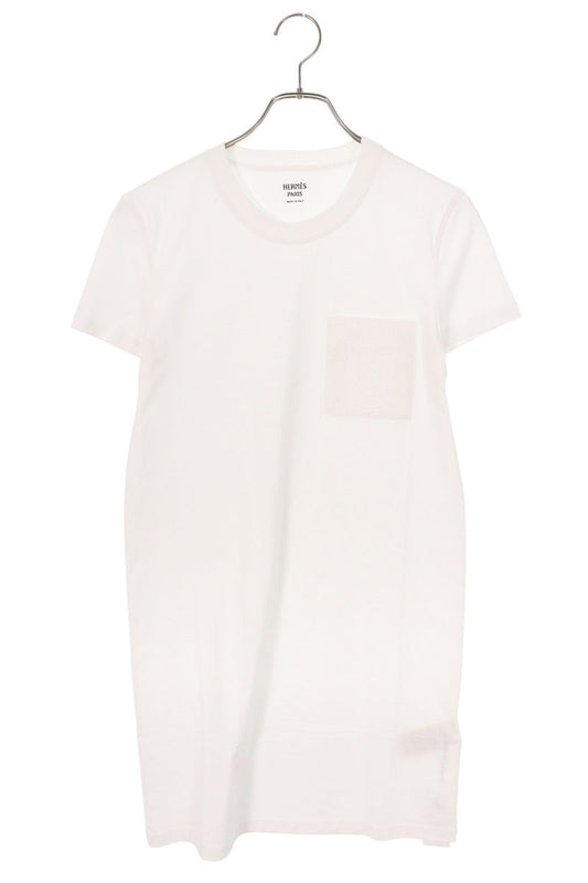 Hermes White Embroidered Pocket Cotton Dress Size 34