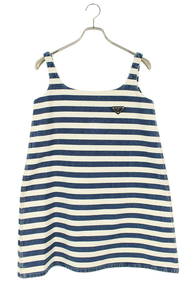 Prada Triangle Logo Striped Cotton Dress & Blue Size 36