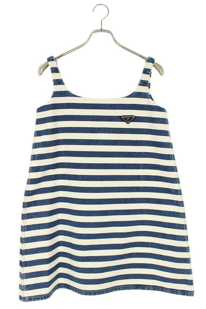 Prada Triangle Logo Striped Cotton Dress & Blue Size 36