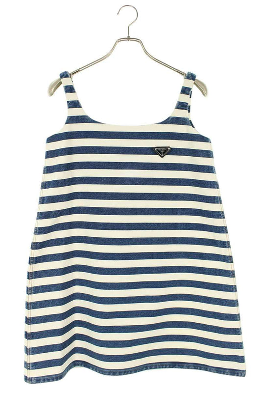 Prada Triangle Logo Striped Cotton Dress & Blue Size 36