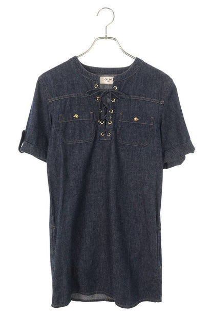 Celine Triomphe Button Cotton Mini Dress Indigo Size S