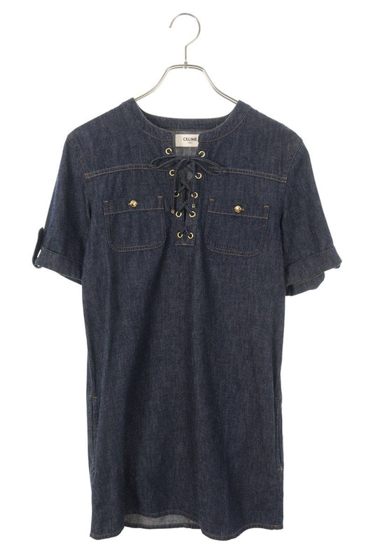 Celine Triomphe Button Cotton Mini Dress Indigo Size S