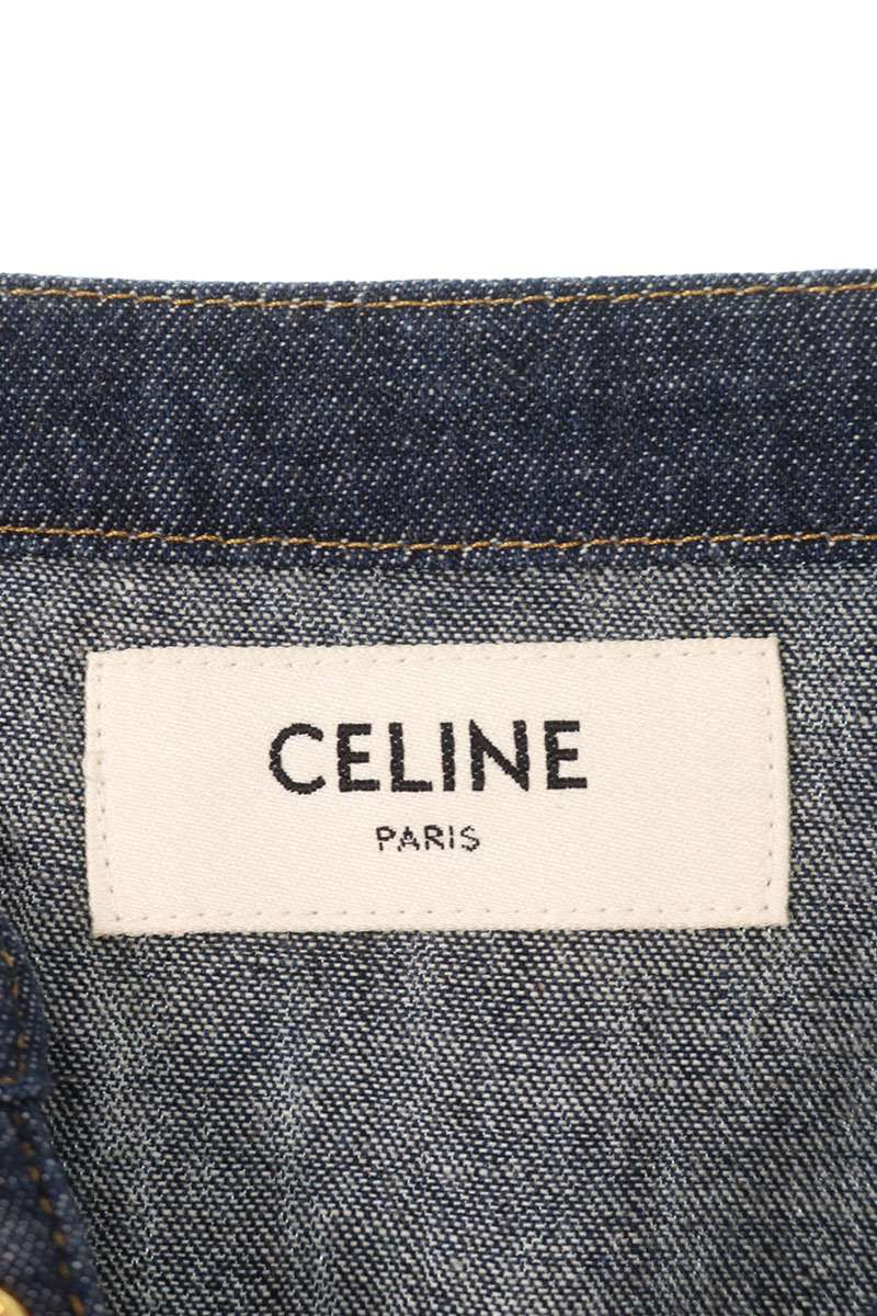 Celine Triomphe Button Cotton Mini Dress Indigo Size S