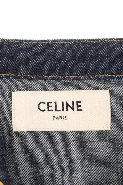 Celine Triomphe Button Cotton Mini Dress Indigo Size S