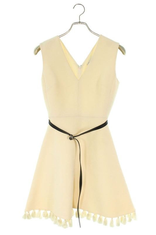 Christian Dior Belted Fringe Tassel Wool Dress White
