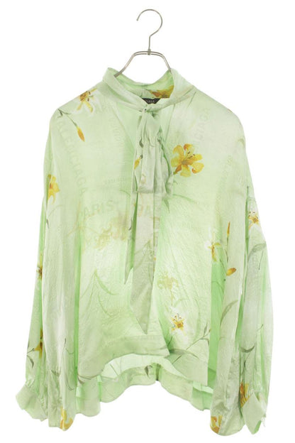 Balenciaga Green Silk Logo Print Bow-Tie Blouse Size 34