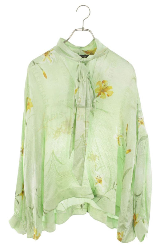 Balenciaga Green Silk Logo Print Bow-Tie Blouse Size 34