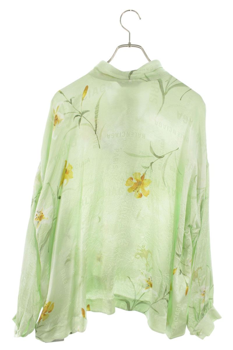 Balenciaga Green Silk Logo Print Bow-Tie Blouse Size 34