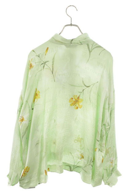 Balenciaga Green Silk Logo Print Bow-Tie Blouse Size 34