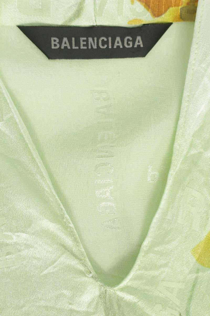 Balenciaga Green Silk Logo Print Bow-Tie Blouse Size 34
