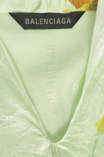 Balenciaga Green Silk Logo Print Bow-Tie Blouse Size 34