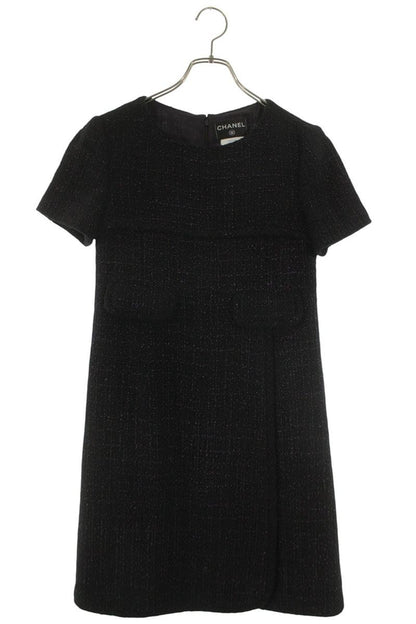 Chanel Tweed Wrap Dress Black Purple Cotton Silk Size 36
