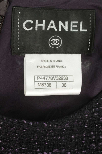 Chanel Tweed Wrap Dress Black Purple Cotton Silk Size 36