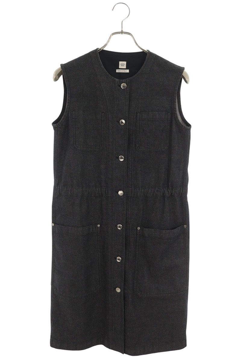 Hermes Black Sellier Button Cotton Denim Dress Size 36