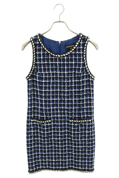 Chanel 23SS Coco Button Tweed Sleeveless Dress Blue Size 34