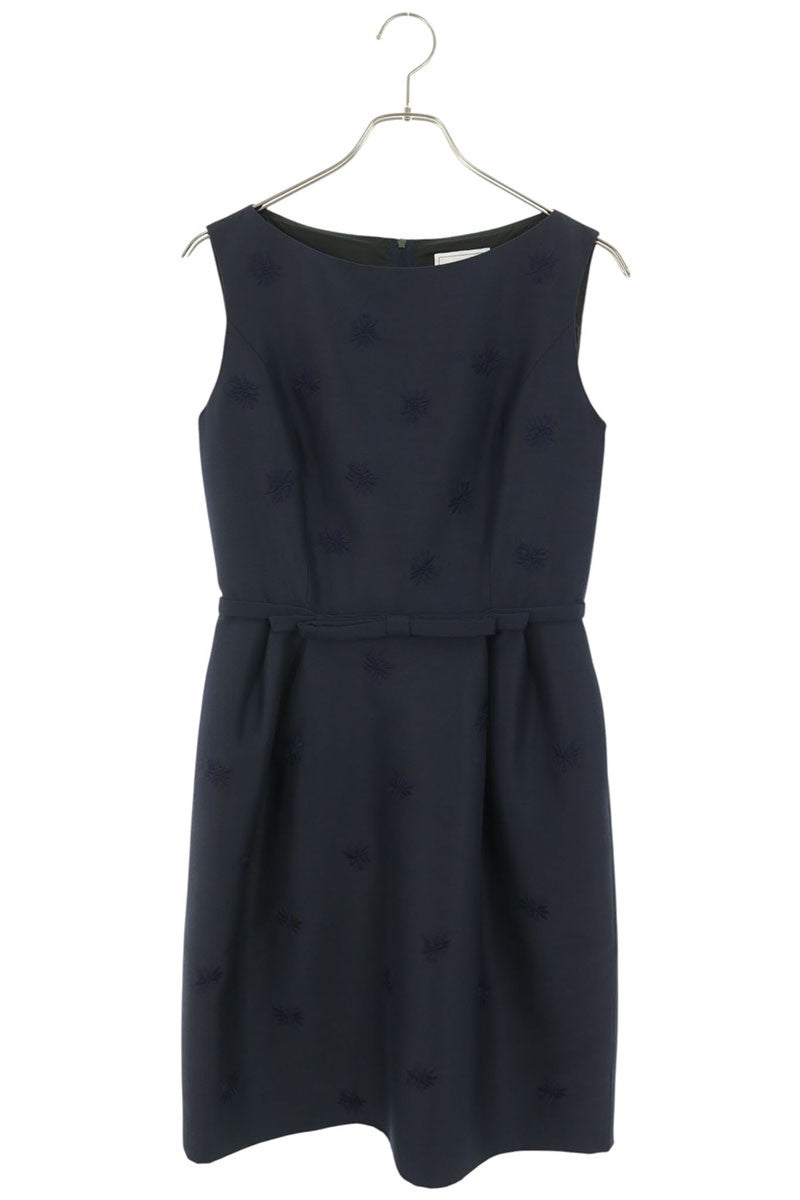 Vintage Flower Embroidered Wool Silk Dress Navy Size 38