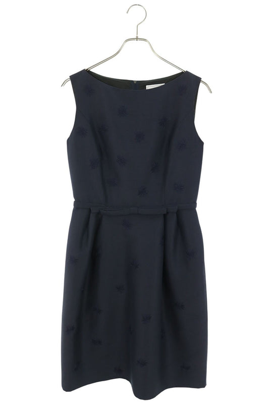 Vintage Flower Embroidered Wool Silk Dress Navy Size 38