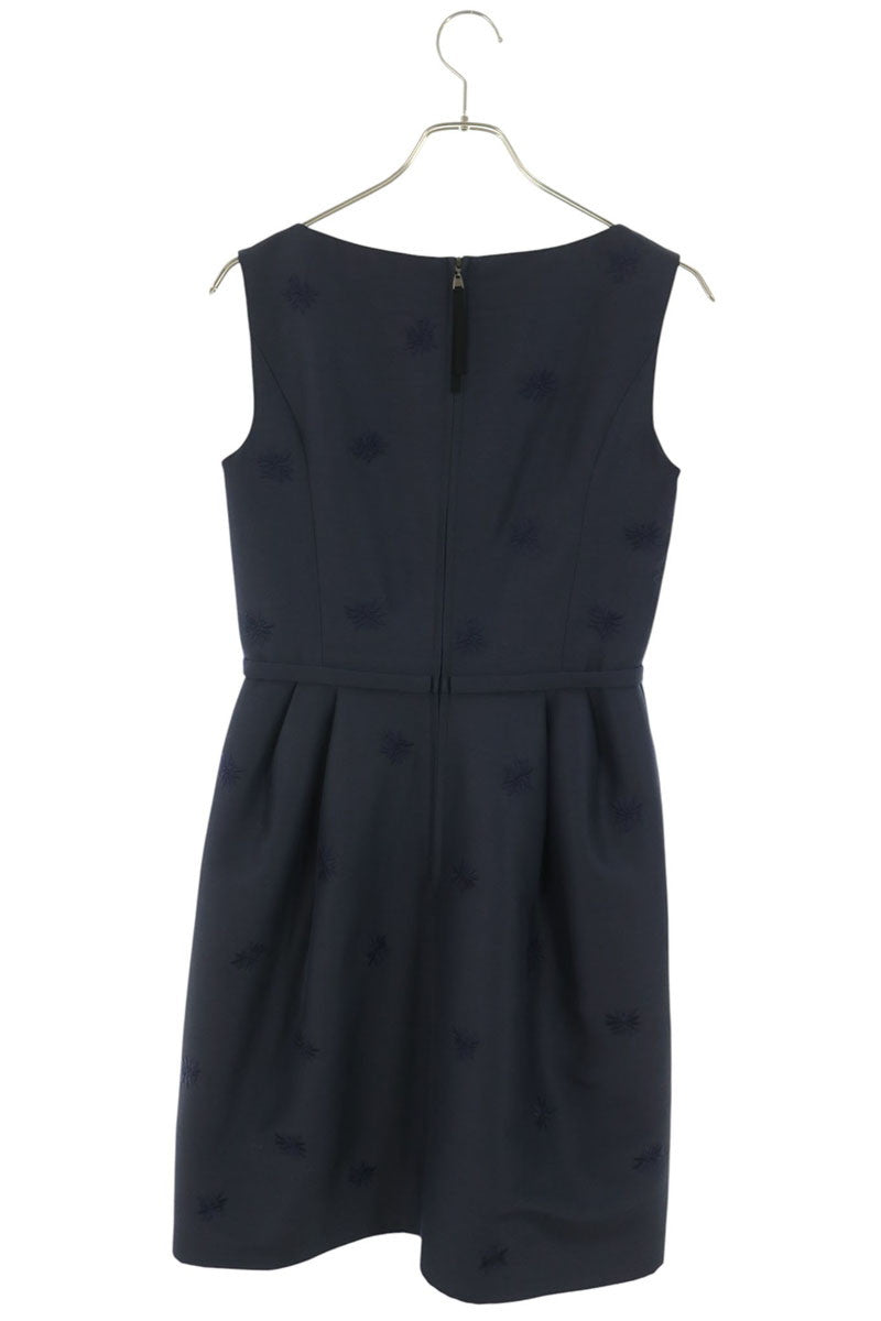 Vintage Flower Embroidered Wool Silk Dress Navy Size 38