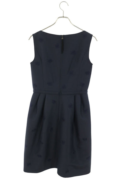 Vintage Flower Embroidered Wool Silk Dress Navy Size 38