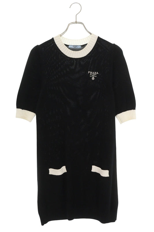 PRADA Logo Knit Midi Dress Black/White Cotton Size 38