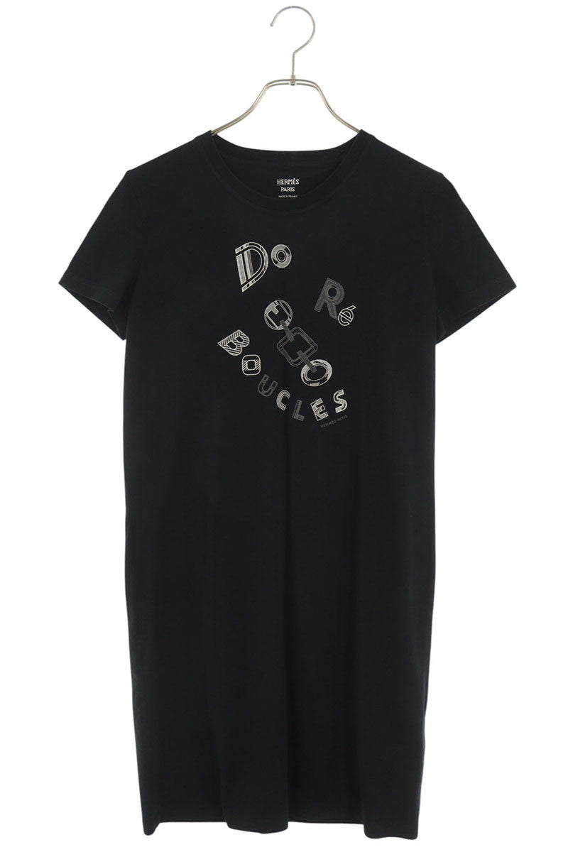 HERMES Cotton Print Short Sleeve Dress Black Size 36