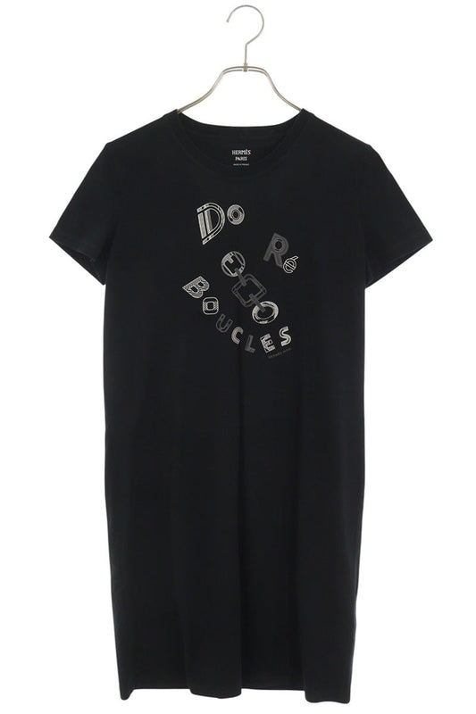 HERMES Cotton Print Short Sleeve Dress Black Size 36