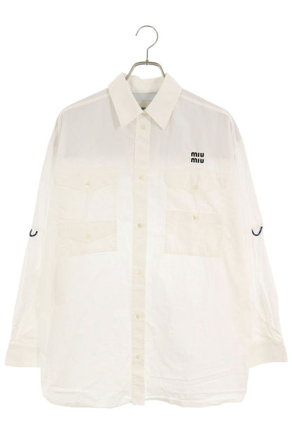 miumiu Logo Embroidered Poplin Shirt Dress White Size 40