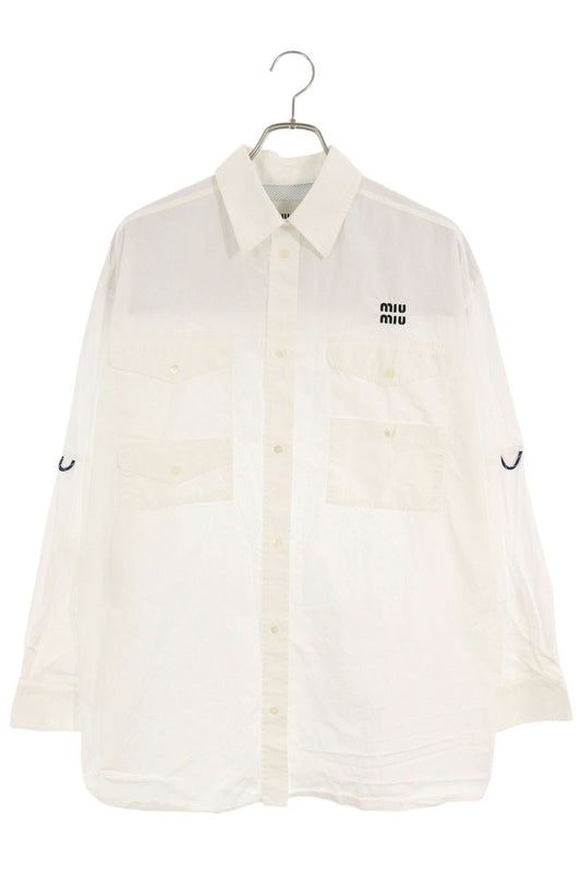 miumiu Logo Embroidered Poplin Shirt Dress White Size 40
