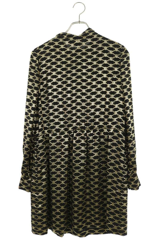 CELINE Triomphe Jacquard Metallic Silk Black Gold Dress Size 38