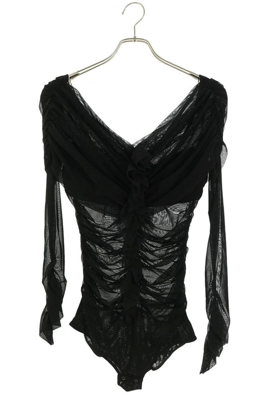 Vintage Tulle Frilled Gather Detail Bodysuit Black Size 2