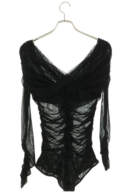Vintage Tulle Frilled Gather Detail Bodysuit Black Size 2