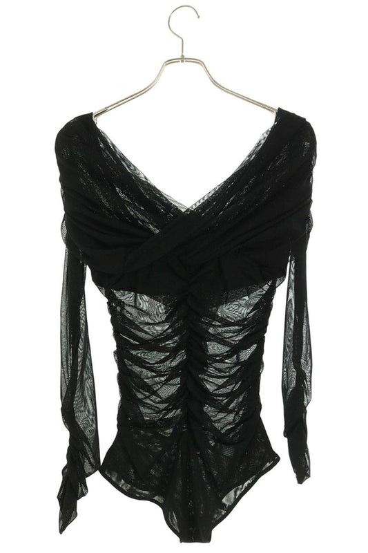 Vintage Tulle Frilled Gather Detail Bodysuit Black Size 2