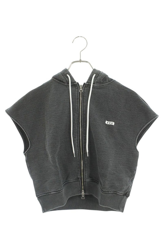 Japanese Brand Sleeveless Zip Cotton Hoodie Black Size FREE