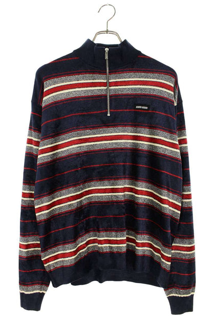 Miu Miu Chenille Half-Zip Sweatshirt Navy White Size 40