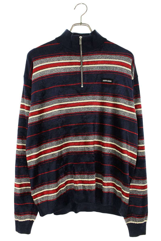 Miu Miu Chenille Half-Zip Sweatshirt Navy White Size 40