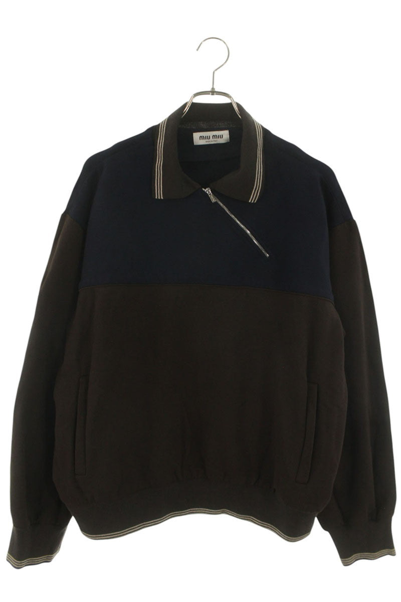 Miu Miu 25AW Brown Navy Unique Zip Polo Sweatshirt Size L