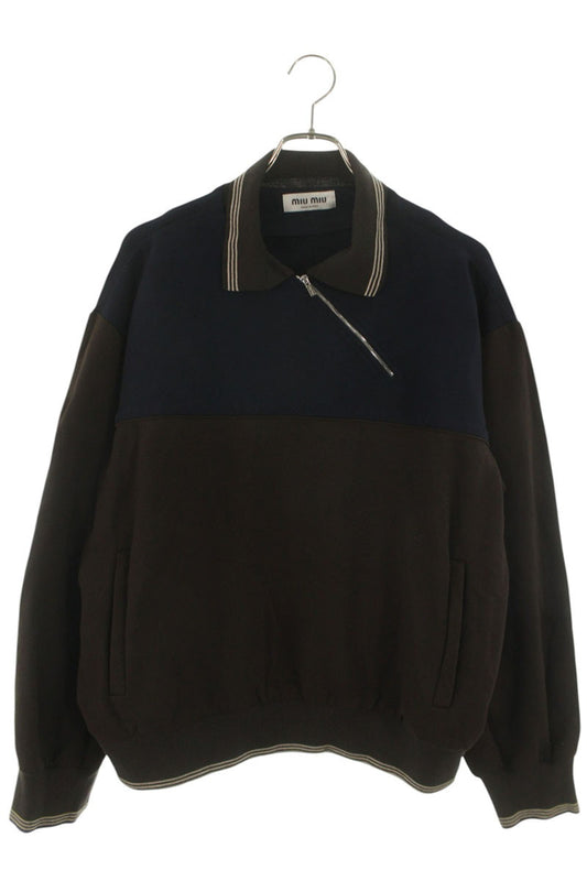 Miu Miu 25AW Brown Navy Unique Zip Polo Sweatshirt Size L