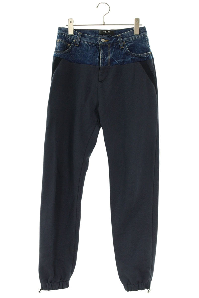 Amiri Denim Paneled Sweatpants Navy Indigo Size 24