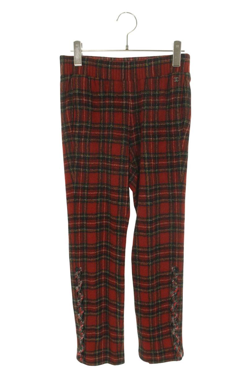 Chanel Red Coco Mark Checked Wool Pants Size 34
