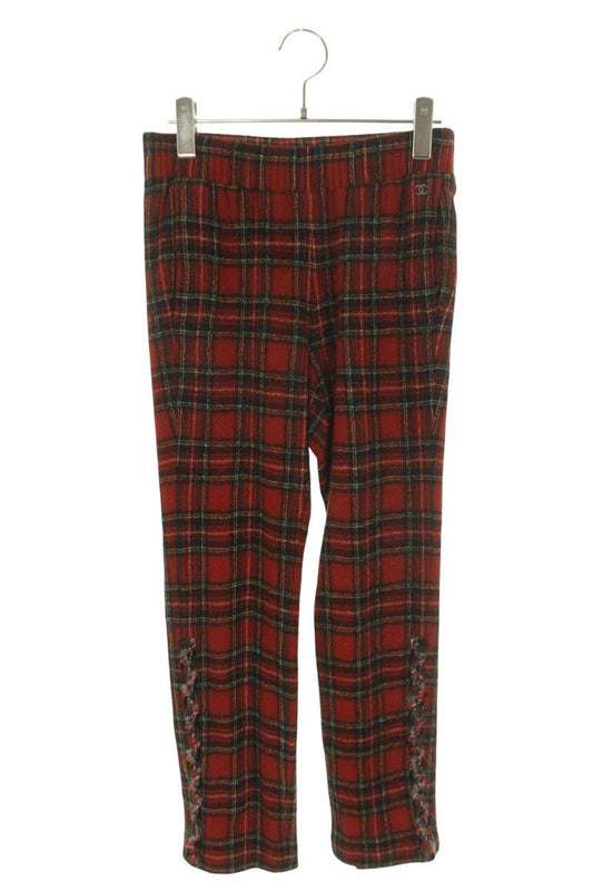 Chanel Red Coco Mark Checked Wool Pants Size 34