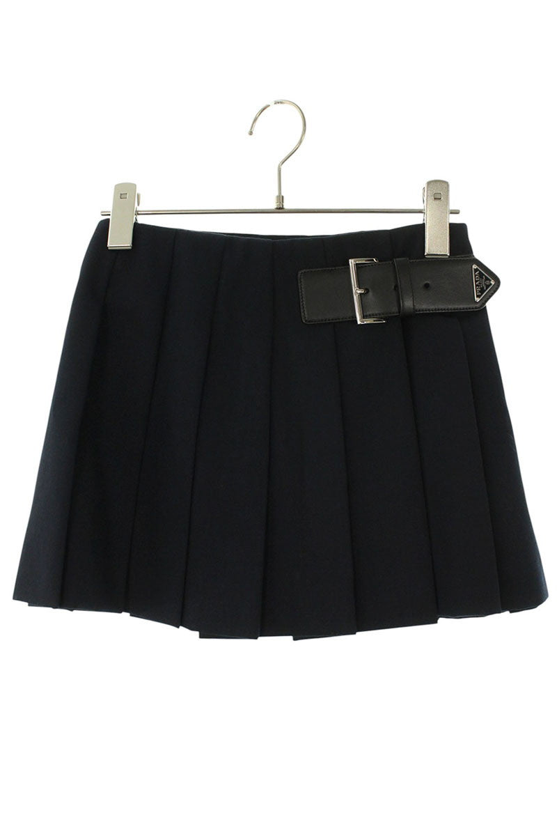 Prada Triangle Logo Belt Pleated Skirt Virgin Wool Size 40