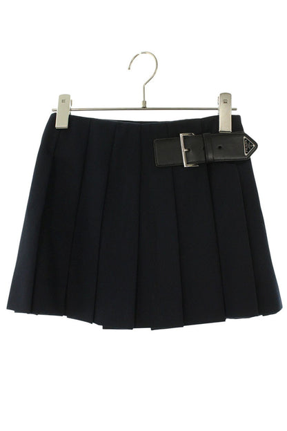 Prada Triangle Logo Belt Pleated Skirt Virgin Wool Size 40
