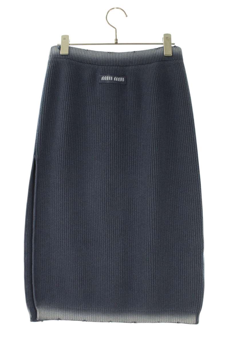Miu Miu Logo-Patch Vintage Wash Slit Skirt Navy Size 38