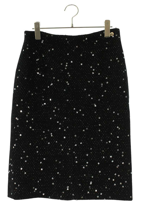 Chanel Black Silver Sequin Cashmere Blend Midi Skirt Size 36
