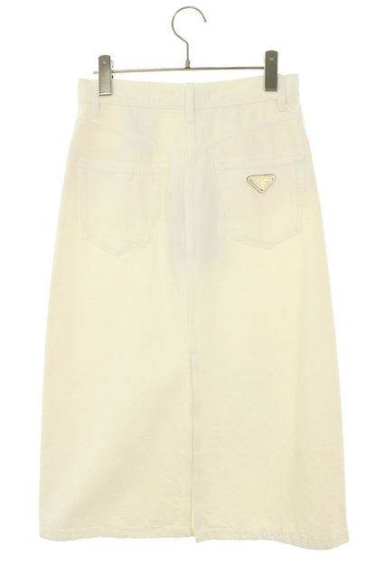 Prada White Triangle Logo Plate Denim Skirt Size 38
