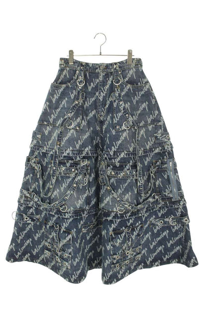 Balenciaga All-Over Logo Print Raver Skirt Blue Size 36
