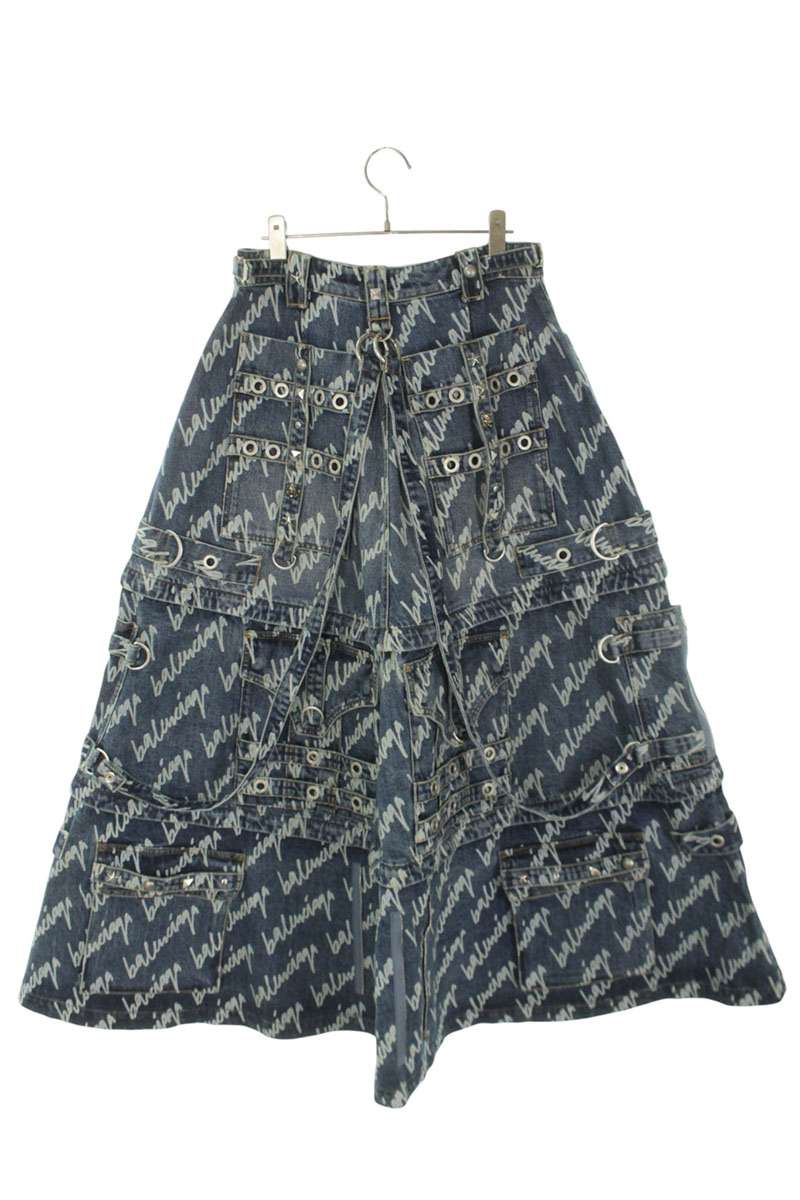 Balenciaga All-Over Logo Print Raver Skirt Blue Size 36